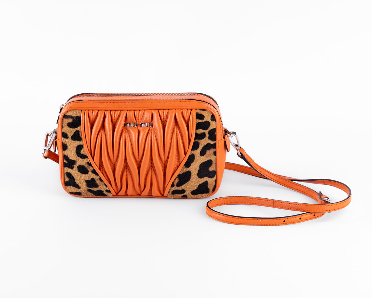 Miu Miu Matelasse + Leopard Ponyhair Double Zip Camera Crossbody (Orange)