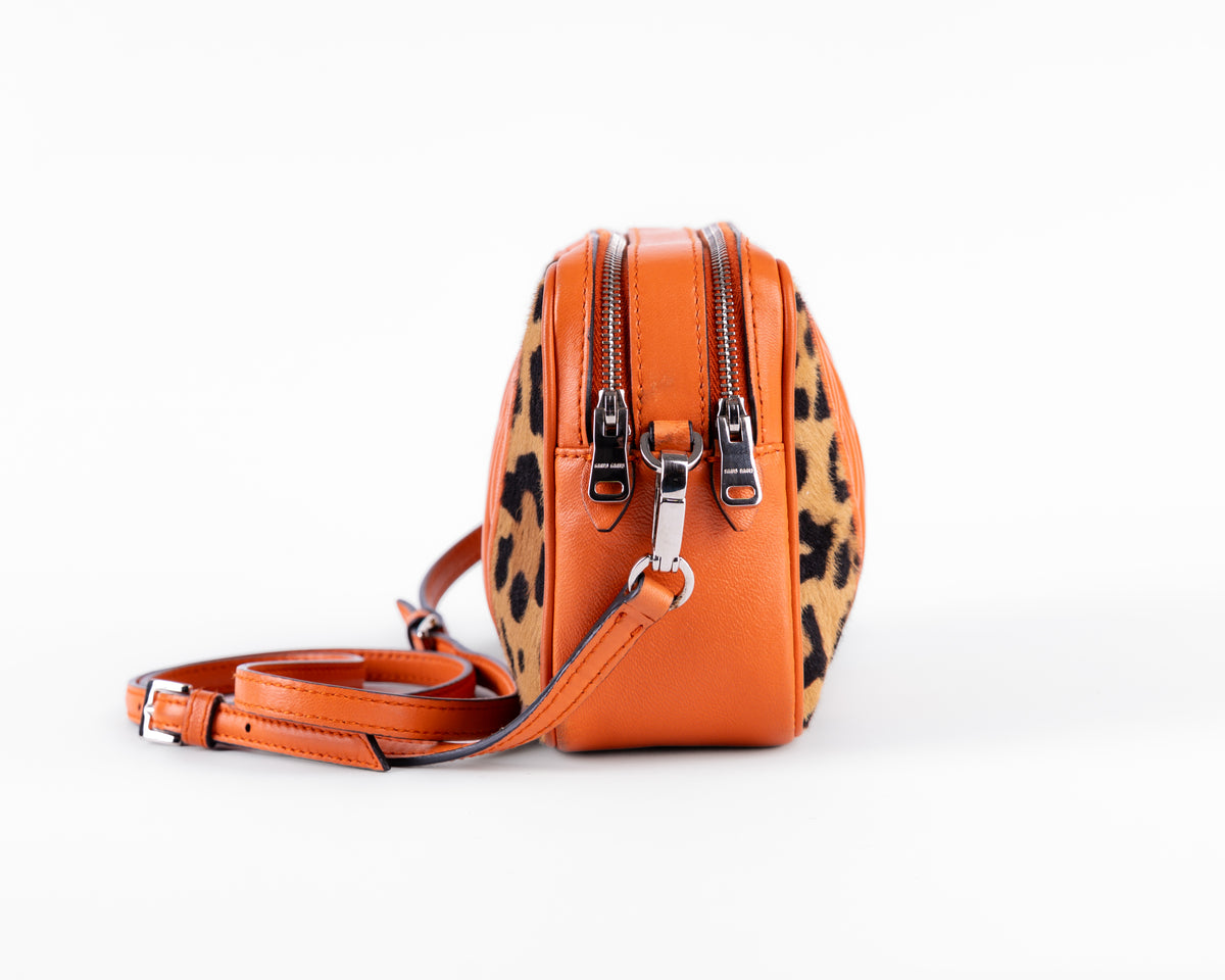 Miu Miu Matelasse + Leopard Ponyhair Double Zip Camera Crossbody (Orange)
