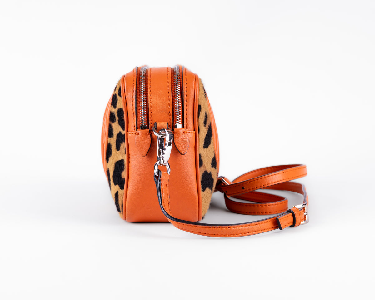 Miu Miu Matelasse + Leopard Ponyhair Double Zip Camera Crossbody (Orange)