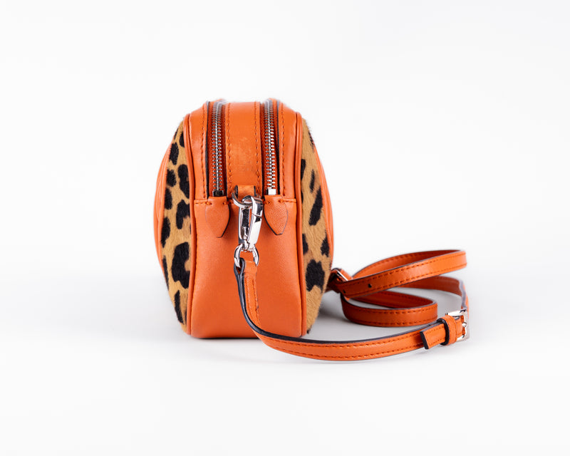 Miu Miu Matelasse + Leopard Ponyhair Double Zip Camera Crossbody (Orange)