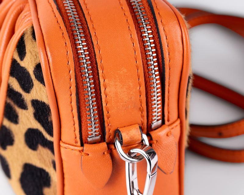 Miu Miu Matelasse + Leopard Ponyhair Double Zip Camera Crossbody (Orange)