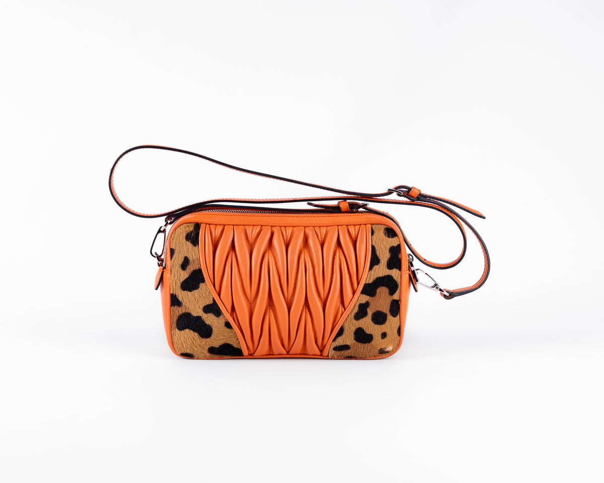 Miu Miu Matelasse + Leopard Ponyhair Double Zip Camera Crossbody (Orange)