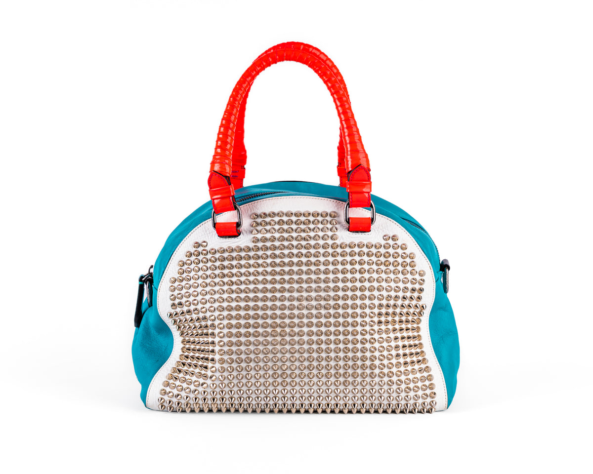 Christian Louboutin Panettone Spiked Bowling Bag (Teal/White/Red)