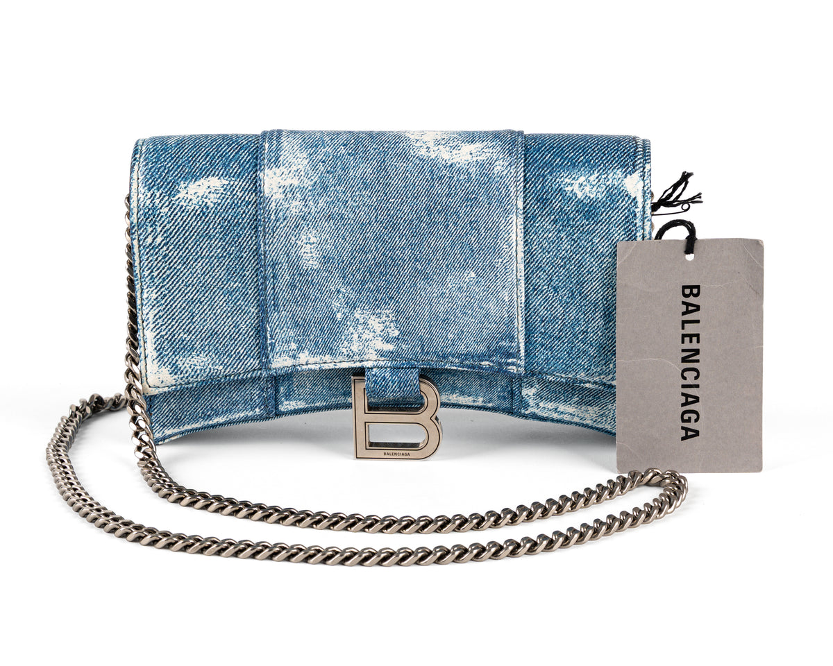 Balenciaga Hourglass Wallet on Chain (Denim-Embossed Calfskin, Blue)