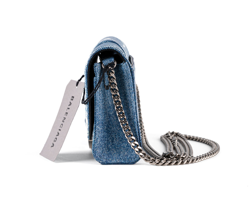 Balenciaga Hourglass Wallet on Chain (Denim-Embossed Calfskin, Blue)