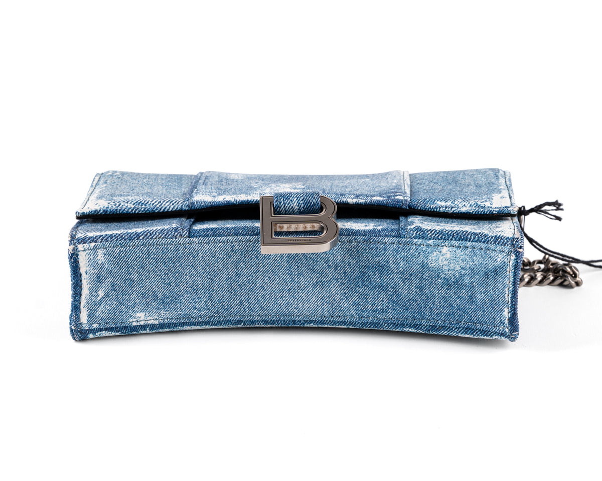 Balenciaga Hourglass Wallet on Chain (Denim-Embossed Calfskin, Blue)