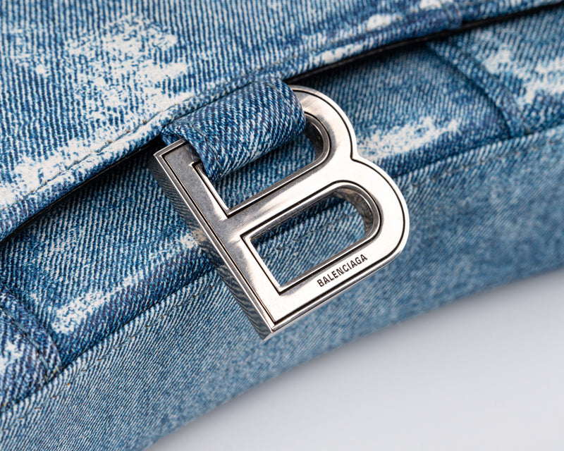 Balenciaga Hourglass Wallet on Chain (Denim-Embossed Calfskin, Blue)
