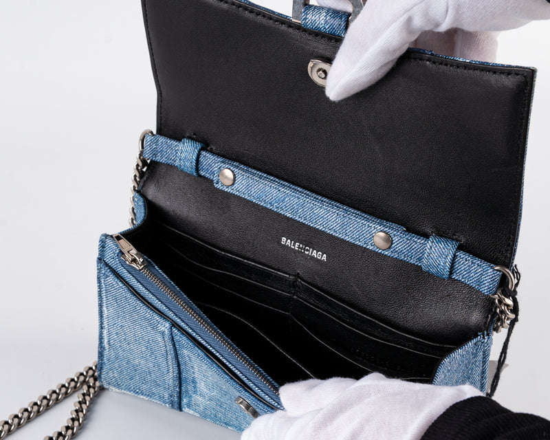 Balenciaga Hourglass Wallet on Chain (Denim-Embossed Calfskin, Blue)