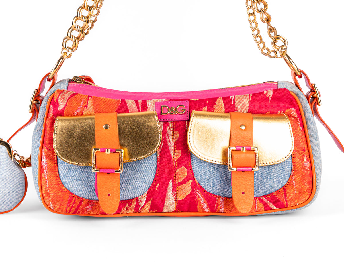 D&G Dolce & Gabbana Mixed Media Floral Baguette (Pink/Orange/Gold)