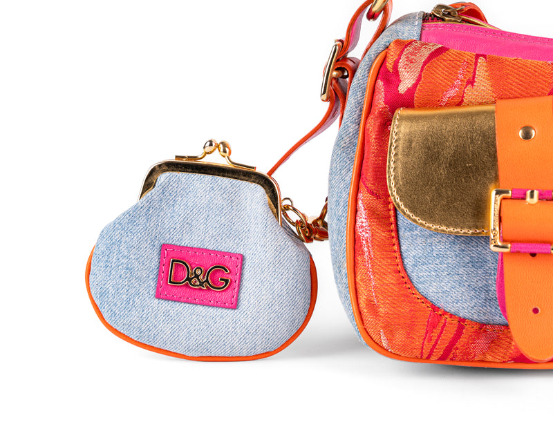 D&G Dolce & Gabbana Mixed Media Floral Baguette (Pink/Orange/Gold)
