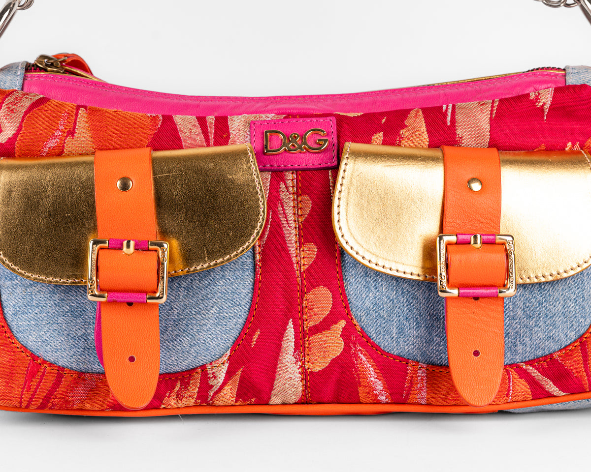 D&G Dolce & Gabbana Mixed Media Floral Baguette (Pink/Orange/Gold)