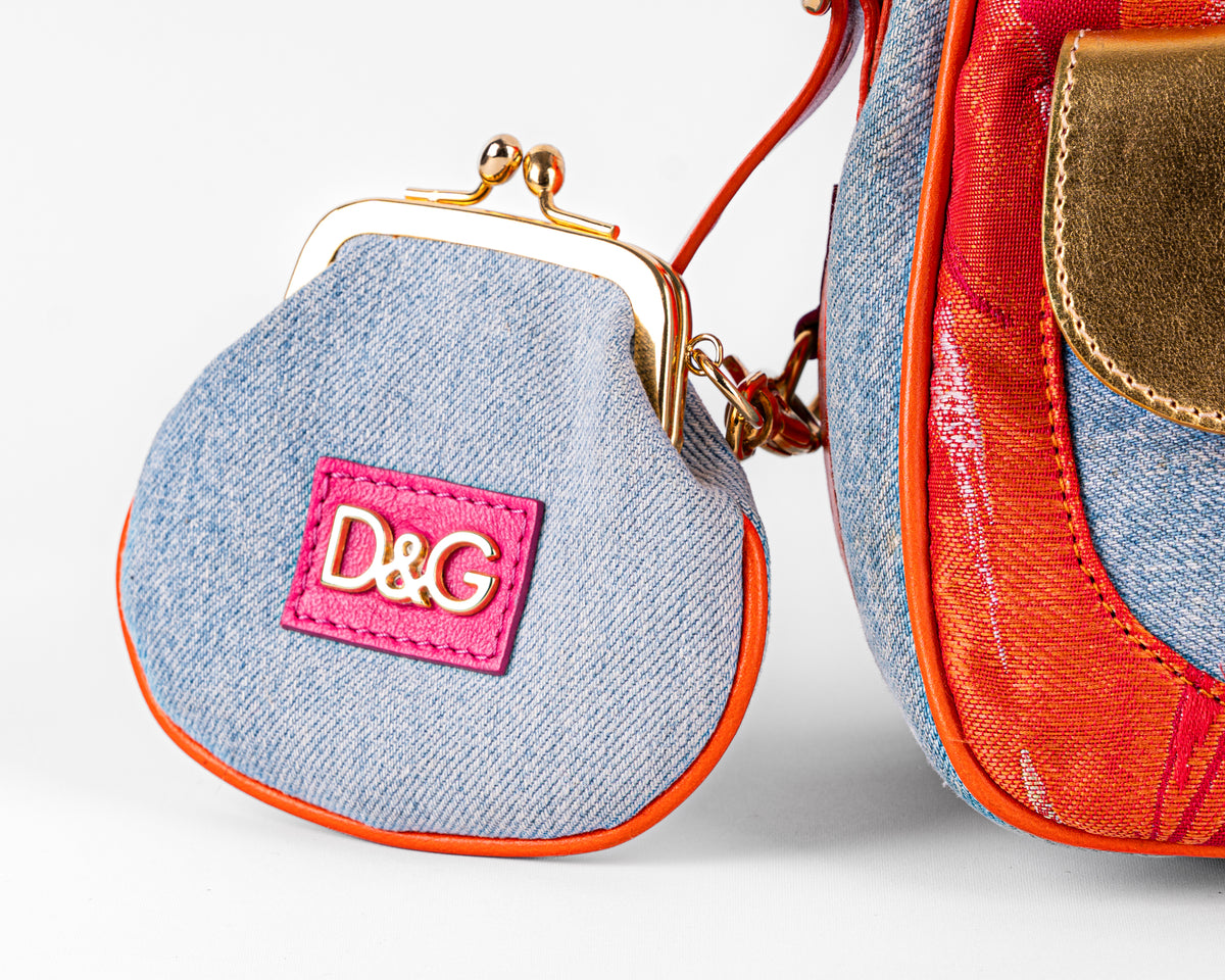 D&G Dolce & Gabbana Mixed Media Floral Baguette (Pink/Orange/Gold)