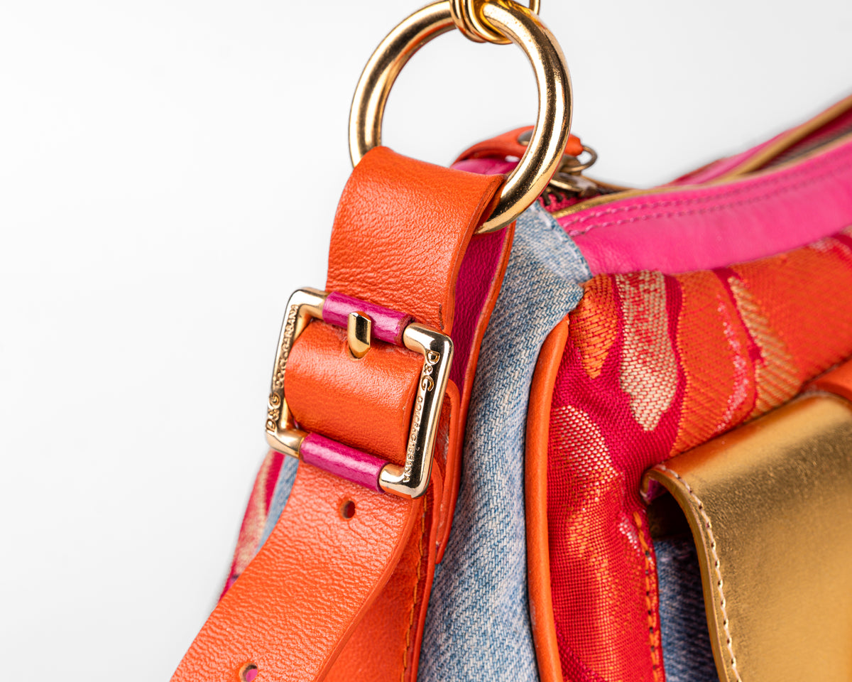 D&G Dolce & Gabbana Mixed Media Floral Baguette (Pink/Orange/Gold)