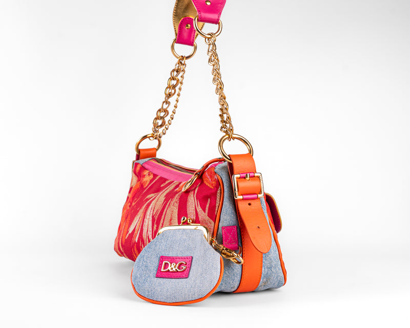 D&G Dolce & Gabbana Mixed Media Floral Baguette (Pink/Orange/Gold)
