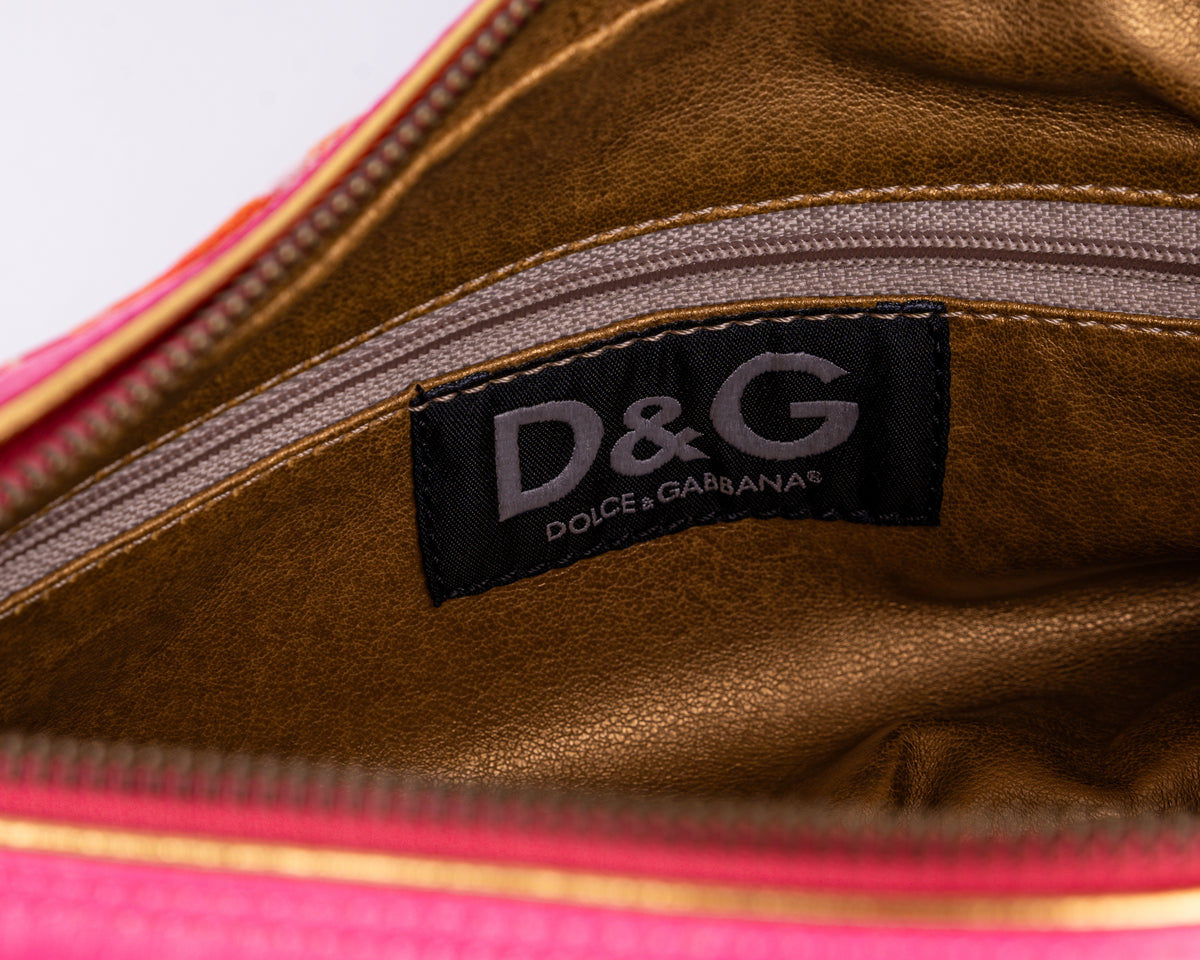 D&G Dolce & Gabbana Mixed Media Floral Baguette (Pink/Orange/Gold)
