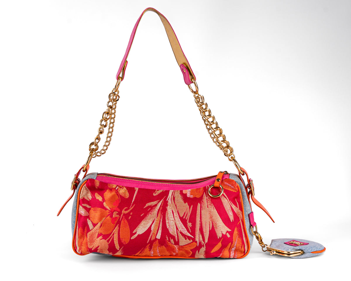 D&G Dolce & Gabbana Mixed Media Floral Baguette (Pink/Orange/Gold)