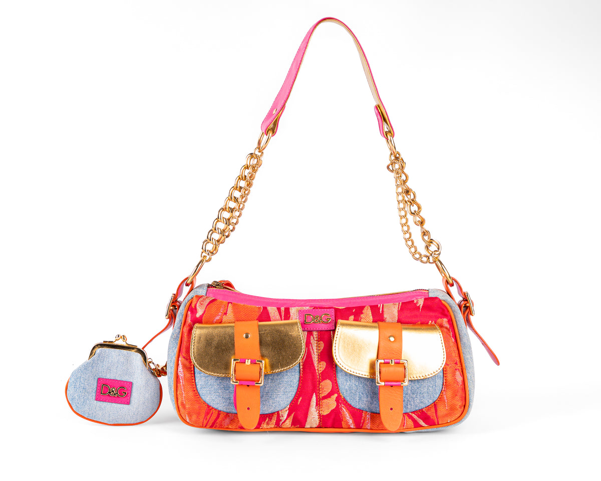 D&G Dolce & Gabbana Mixed Media Floral Baguette (Pink/Orange/Gold)